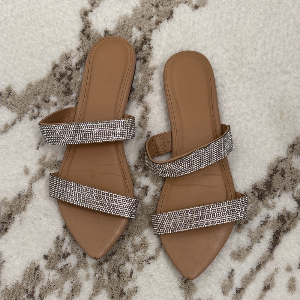 Shoe Dazzle Nude and Rhinestone Pointed Toe Sandals